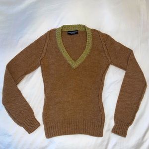 Versace vintage wool gold stylized knit long sleeve sweater brown v neck collar